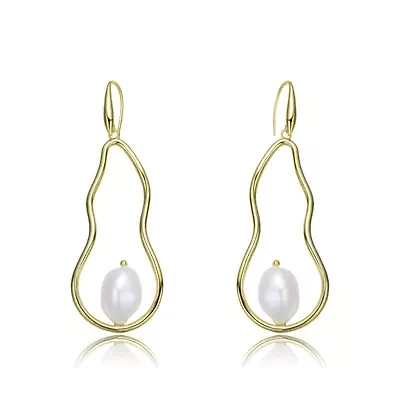 Lab Created Sterling Silver 14K Gold Plated with White Genuine Freshwater Pearl Elongated Dangling Earrings