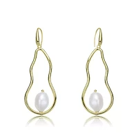 Lab Created Sterling Silver 14K Gold Plated with White Genuine Freshwater Pearl Elongated Dangling Earrings