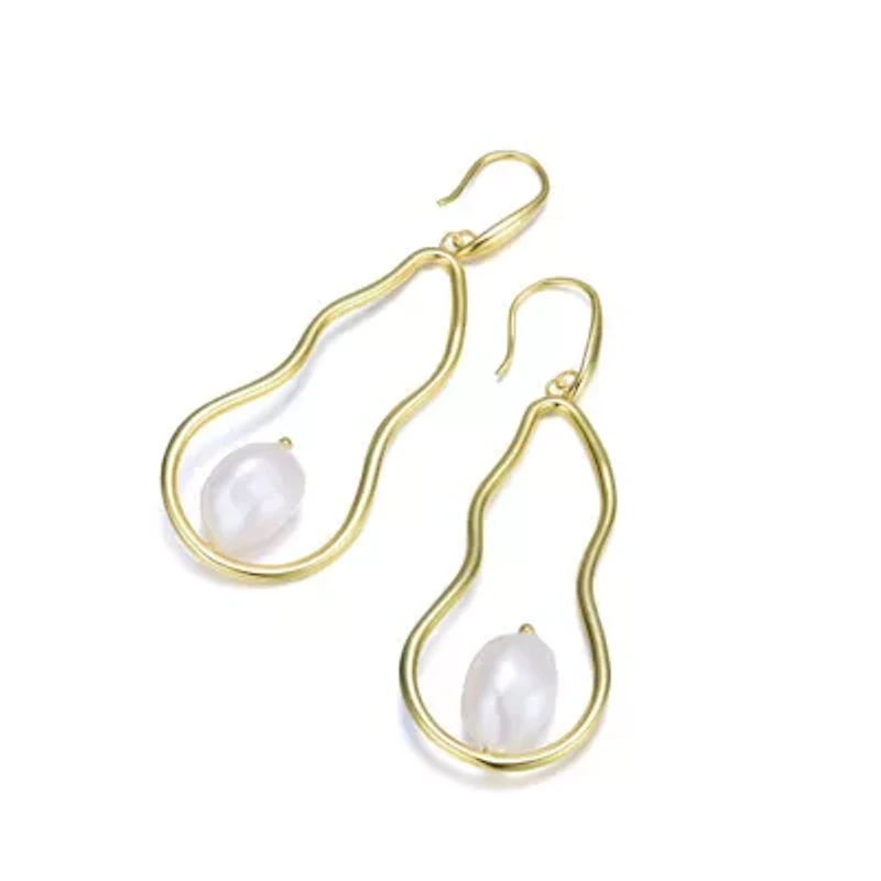 Lab Created Sterling Silver 14K Gold Plated with White Genuine Freshwater Pearl Elongated Dangling Earrings