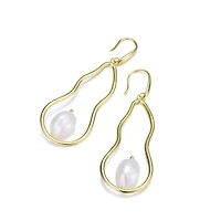Lab Created Sterling Silver 14K Gold Plated with White Genuine Freshwater Pearl Elongated Dangling Earrings