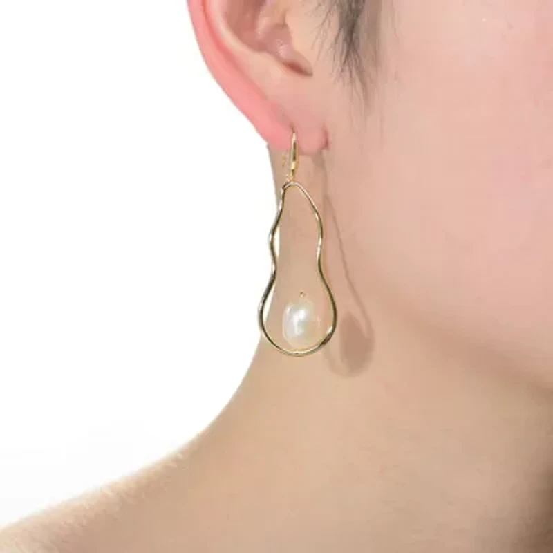 Lab Created Sterling Silver 14K Gold Plated with White Genuine Freshwater Pearl Elongated Dangling Earrings
