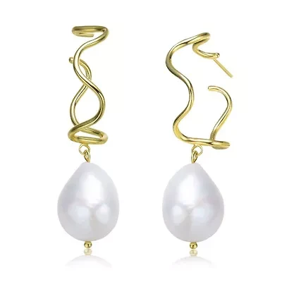 Lab Created Sterling Silver 14K Gold Plated with White Genuine Freshwater Pearl Curvy Drop Earrings