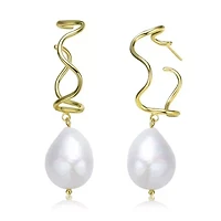 Lab Created Sterling Silver 14K Gold Plated with White Genuine Freshwater Pearl Curvy Drop Earrings