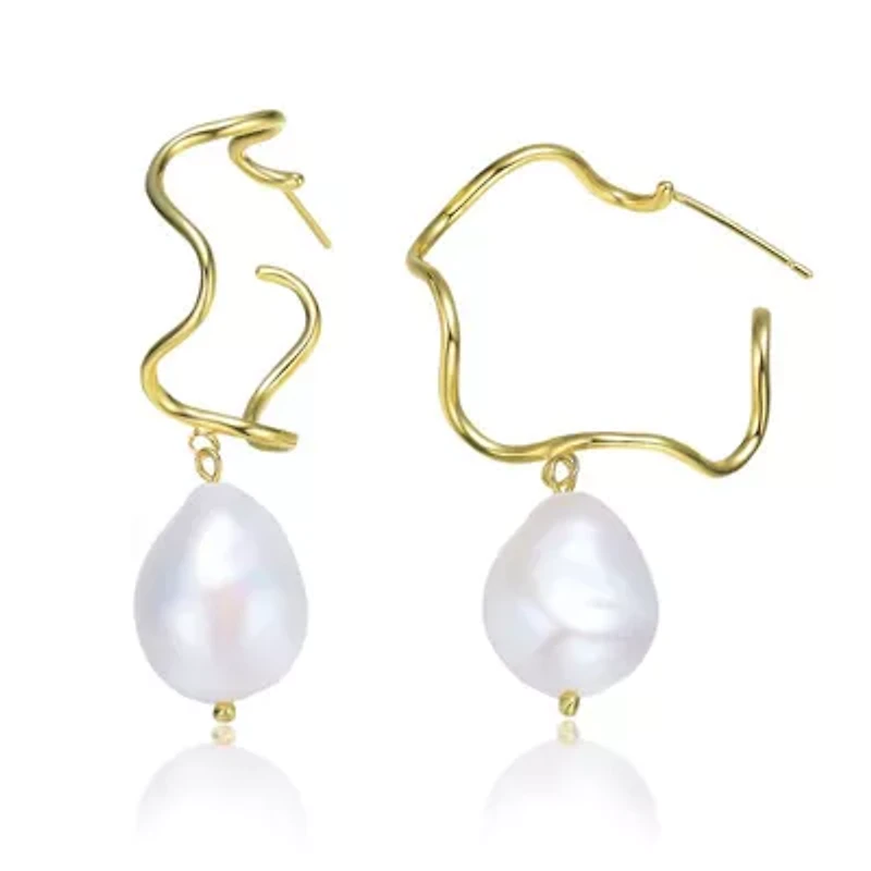 Lab Created Sterling Silver 14K Gold Plated with White Genuine Freshwater Pearl Curvy Drop Earrings