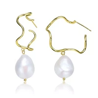 Lab Created Sterling Silver 14K Gold Plated with White Genuine Freshwater Pearl Curvy Drop Earrings
