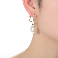 Lab Created Sterling Silver 14K Gold Plated with White Genuine Freshwater Pearl Curvy Drop Earrings