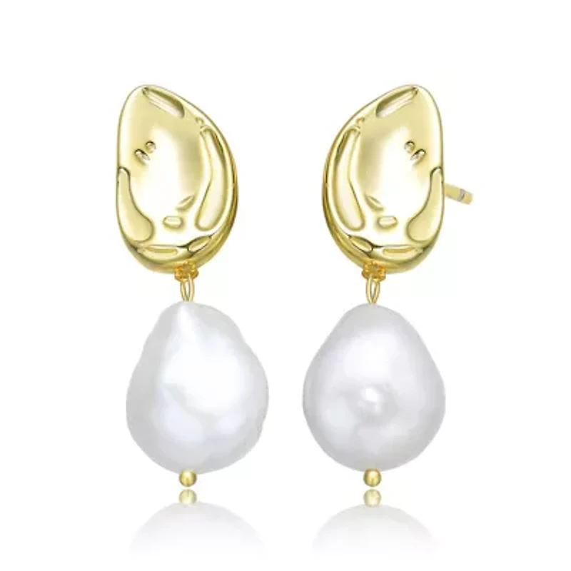 Lab Created Sterling Silver 14K Gold Plating with White Genuine Freshwater Pearl Drop Earrings