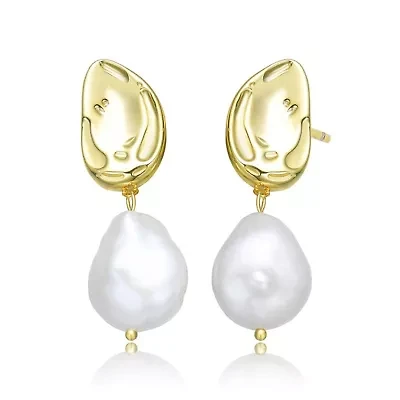 Lab Created Sterling Silver 14K Gold Plating with White Genuine Freshwater Pearl Drop Earrings