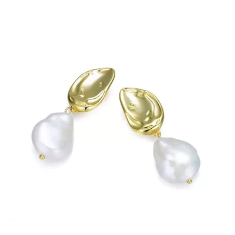 Lab Created Sterling Silver 14K Gold Plating with White Genuine Freshwater Pearl Drop Earrings