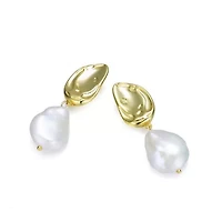 Lab Created Sterling Silver 14K Gold Plating with White Genuine Freshwater Pearl Drop Earrings