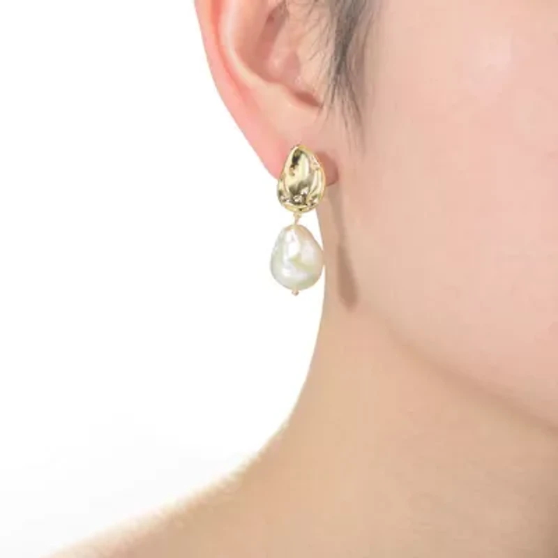 Lab Created Sterling Silver 14K Gold Plating with White Genuine Freshwater Pearl Drop Earrings