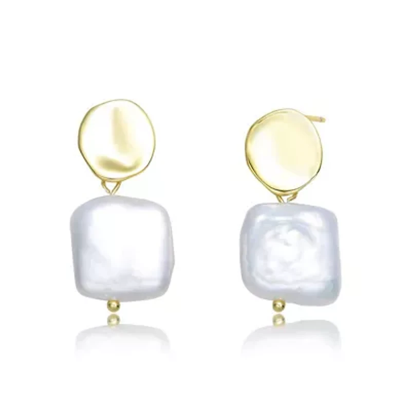 Lab Created Sterling Silver 14K Gold Plating with White Genuine Freshwater Pearl Dangling Earrings