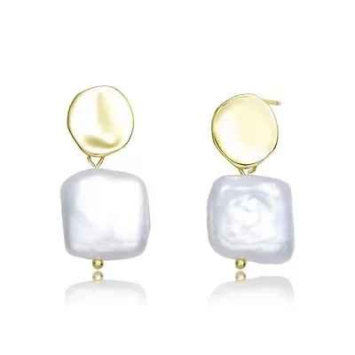Lab Created Sterling Silver 14K Gold Plating with White Genuine Freshwater Pearl Dangling Earrings