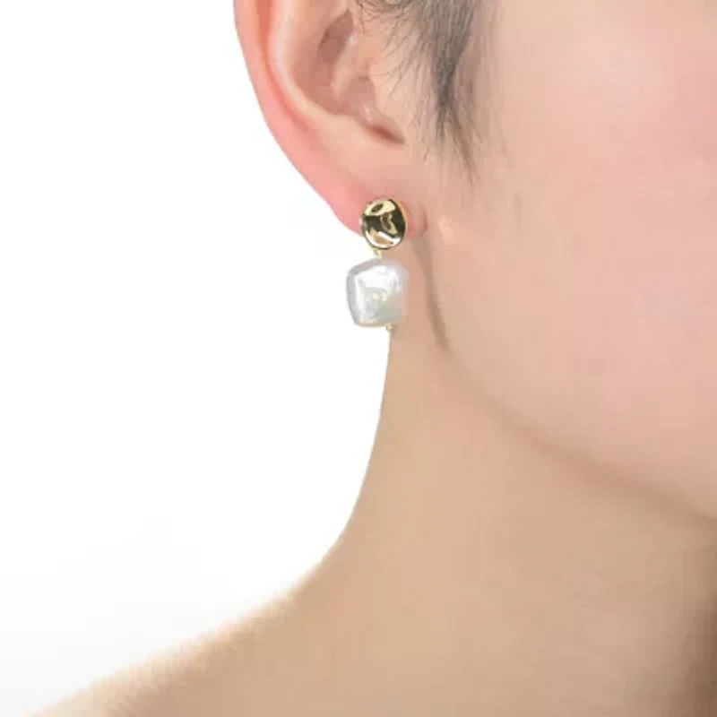 Lab Created Sterling Silver 14K Gold Plating with White Genuine Freshwater Pearl Dangling Earrings