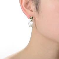 Lab Created Sterling Silver 14K Gold Plating with White Genuine Freshwater Pearl Dangling Earrings
