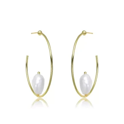 Lab Created Sterling Silver 14K Gold Plating with White Genuine Freshwater Pearl Hoop Earrings