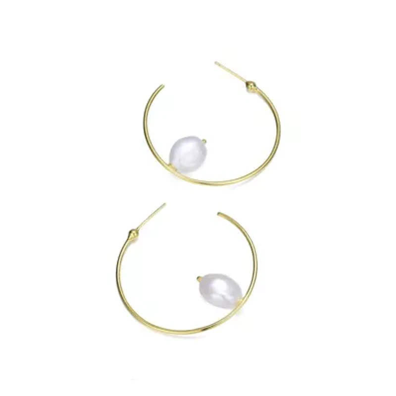 Lab Created Sterling Silver 14K Gold Plating with White Genuine Freshwater Pearl Hoop Earrings