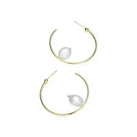 Lab Created Sterling Silver 14K Gold Plating with White Genuine Freshwater Pearl Hoop Earrings