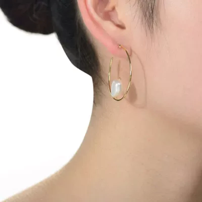 Lab Created Sterling Silver 14K Gold Plating with White Genuine Freshwater Pearl Hoop Earrings
