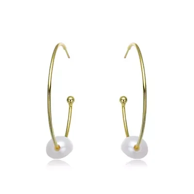Lab Created Sterling Silver 14K Gold Plating with White Genuine Freshwater Pearl Round Open Hoop Earrings