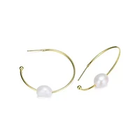 Lab Created Sterling Silver 14K Gold Plating with White Genuine Freshwater Pearl Round Open Hoop Earrings