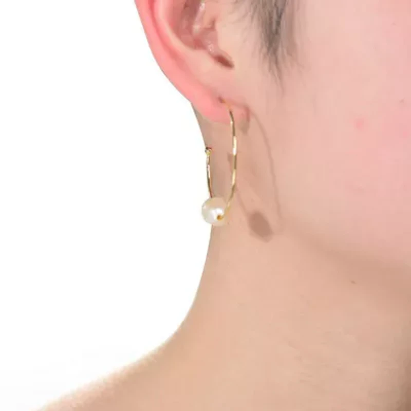 Lab Created Sterling Silver 14K Gold Plating with White Genuine Freshwater Pearl Round Open Hoop Earrings