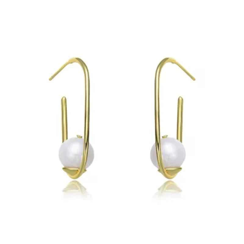 Lab Created Sterling Silver 14K Gold Plating with White Genuine Freshwater Pearl Square Hoop Earrings