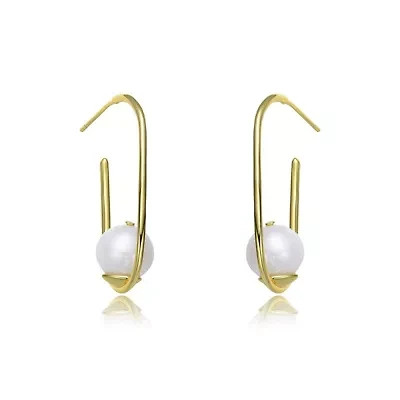 Lab Created Sterling Silver 14K Gold Plating with White Genuine Freshwater Pearl Square Hoop Earrings