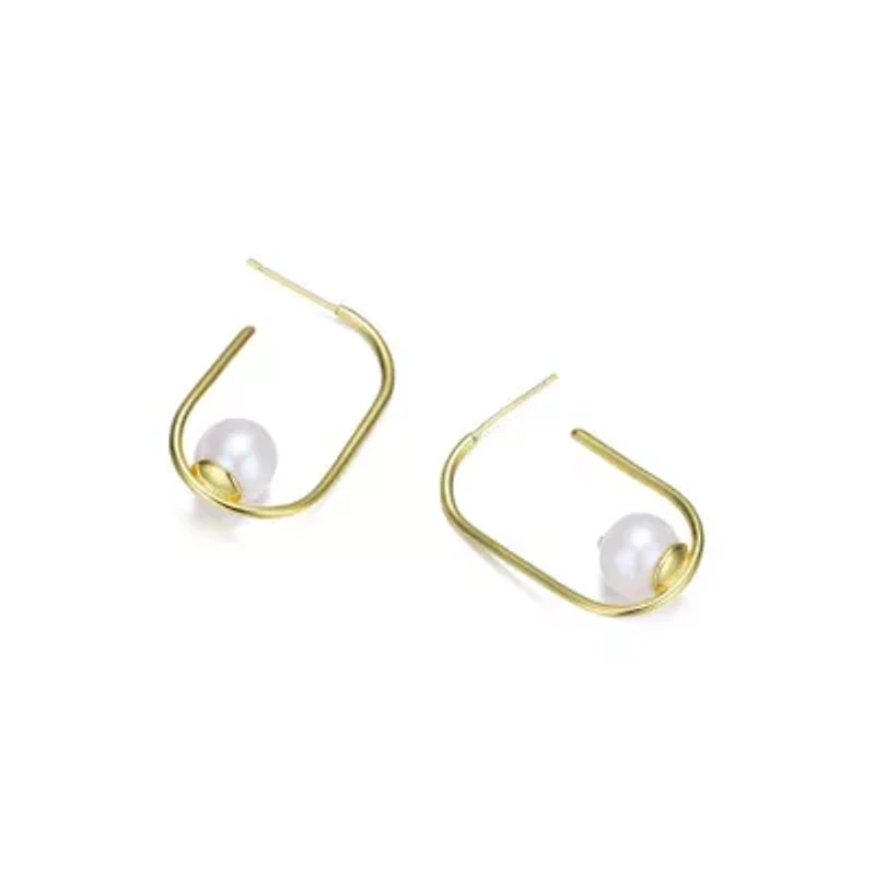 Lab Created Sterling Silver 14K Gold Plating with White Genuine Freshwater Pearl Square Hoop Earrings