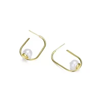 Lab Created Sterling Silver 14K Gold Plating with White Genuine Freshwater Pearl Square Hoop Earrings
