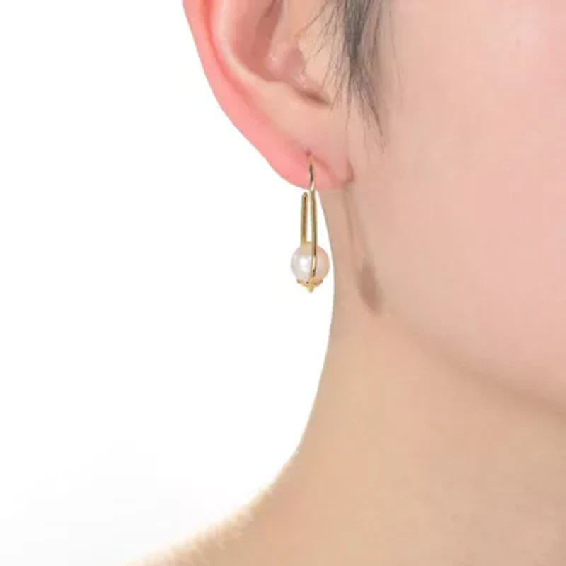 Lab Created Sterling Silver 14K Gold Plating with White Genuine Freshwater Pearl Square Hoop Earrings