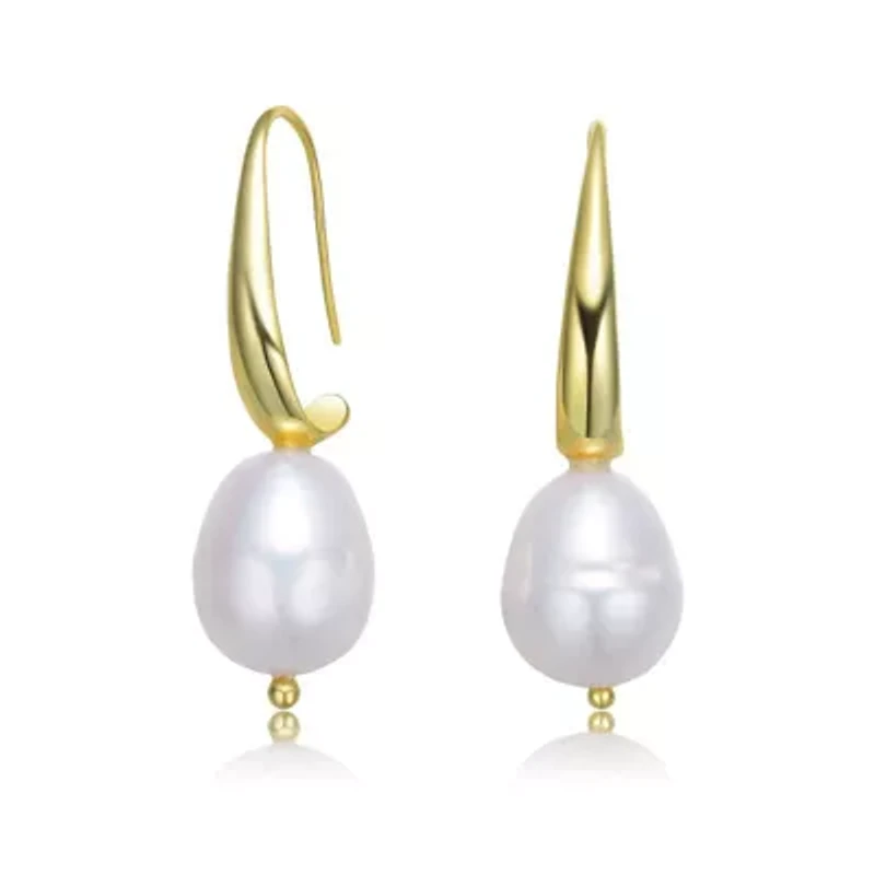 Lab Created Sterling Silver 14K Gold Plating with White Genuine Freshwater Pearl Dangling Earrings