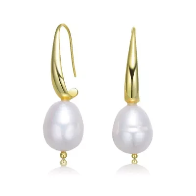 Lab Created Sterling Silver 14K Gold Plating with White Genuine Freshwater Pearl Dangling Earrings