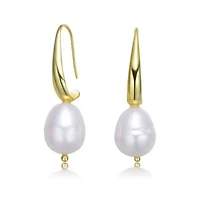 Lab Created Sterling Silver 14K Gold Plating with White Genuine Freshwater Pearl Dangling Earrings