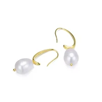 Lab Created Sterling Silver 14K Gold Plating with White Genuine Freshwater Pearl Dangling Earrings