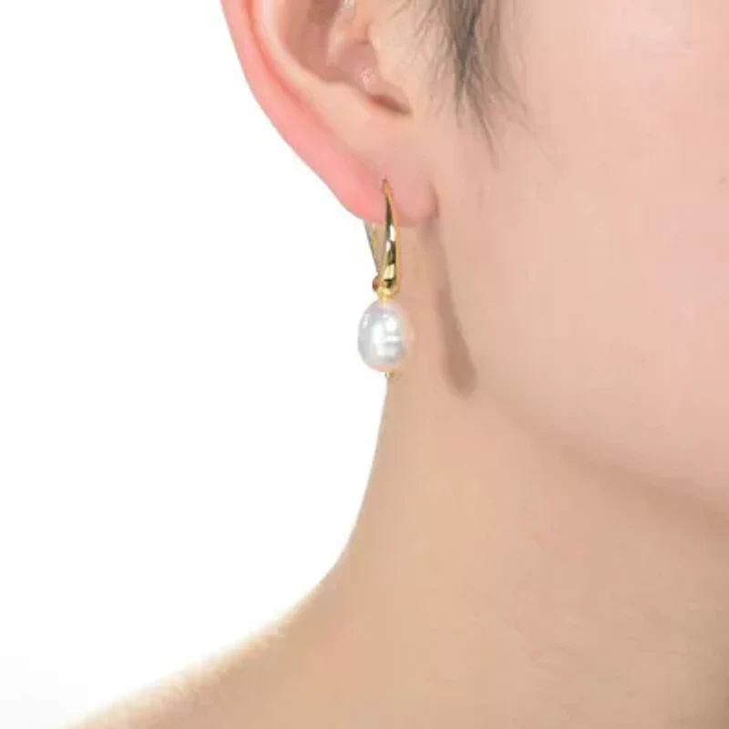 Lab Created Sterling Silver 14K Gold Plating with White Genuine Freshwater Pearl Dangling Earrings