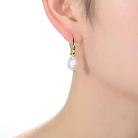 Lab Created Sterling Silver 14K Gold Plating with White Genuine Freshwater Pearl Dangling Earrings