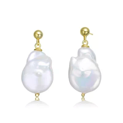 Lab Created Sterling Silver 14K Gold Plating with White Genuine Freshwater Pearl Dangling Earrings