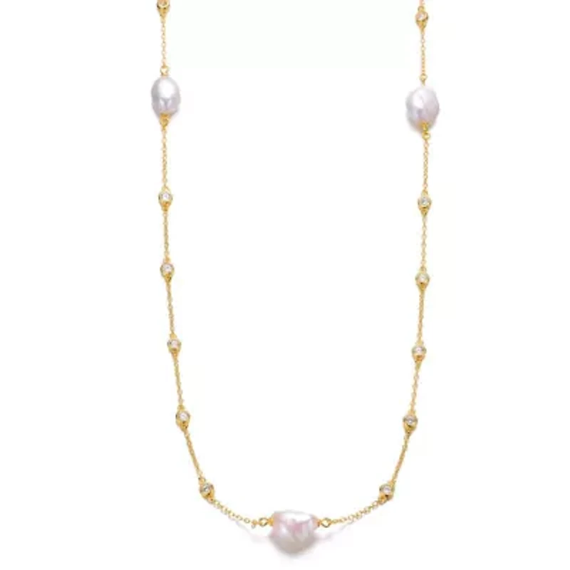 Lab Created Sterling Silver 14K Gold Plated with White Freshwater Pearl Bead Station Necklace