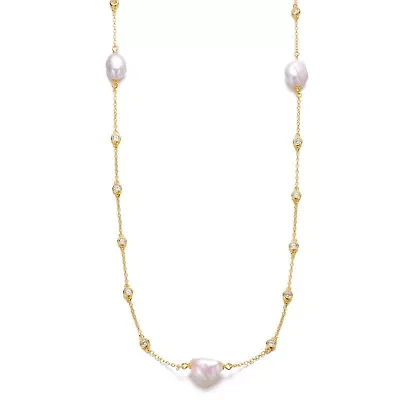 Lab Created Sterling Silver 14K Gold Plated with White Freshwater Pearl Bead Station Necklace