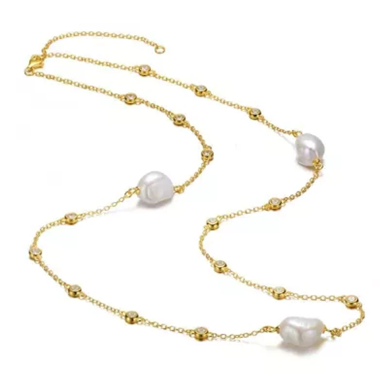 Lab Created Sterling Silver 14K Gold Plated with White Freshwater Pearl Bead Station Necklace