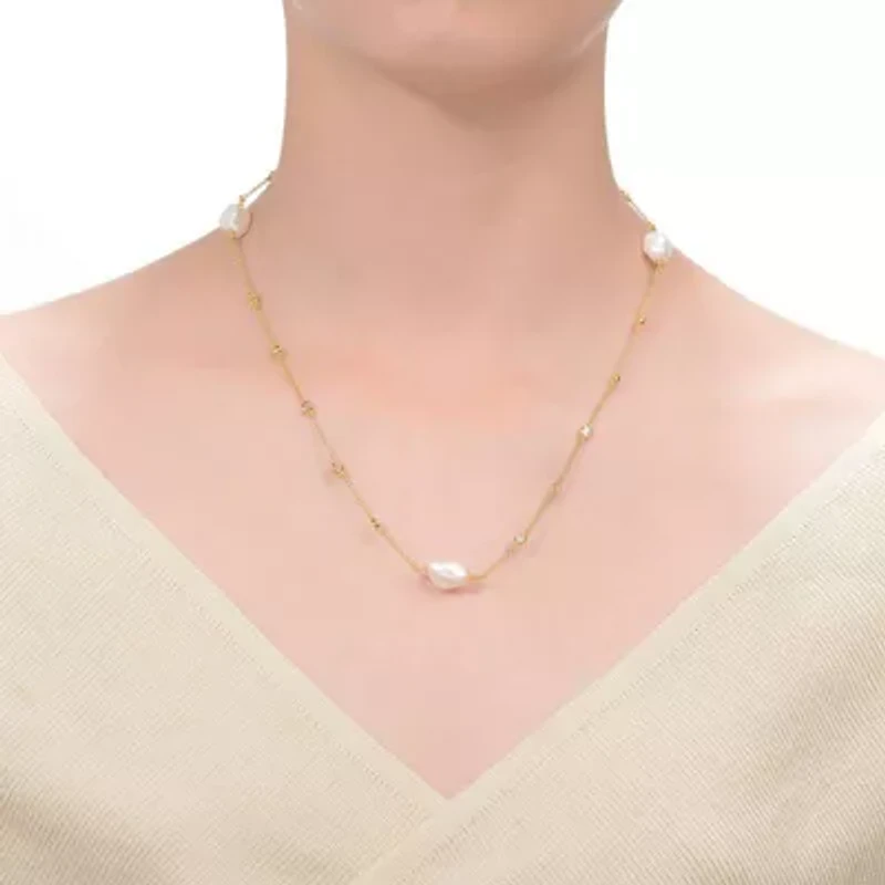 Lab Created Sterling Silver 14K Gold Plated with White Freshwater Pearl Bead Station Necklace