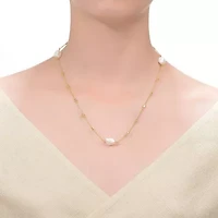 Lab Created Sterling Silver 14K Gold Plated with White Freshwater Pearl Bead Station Necklace