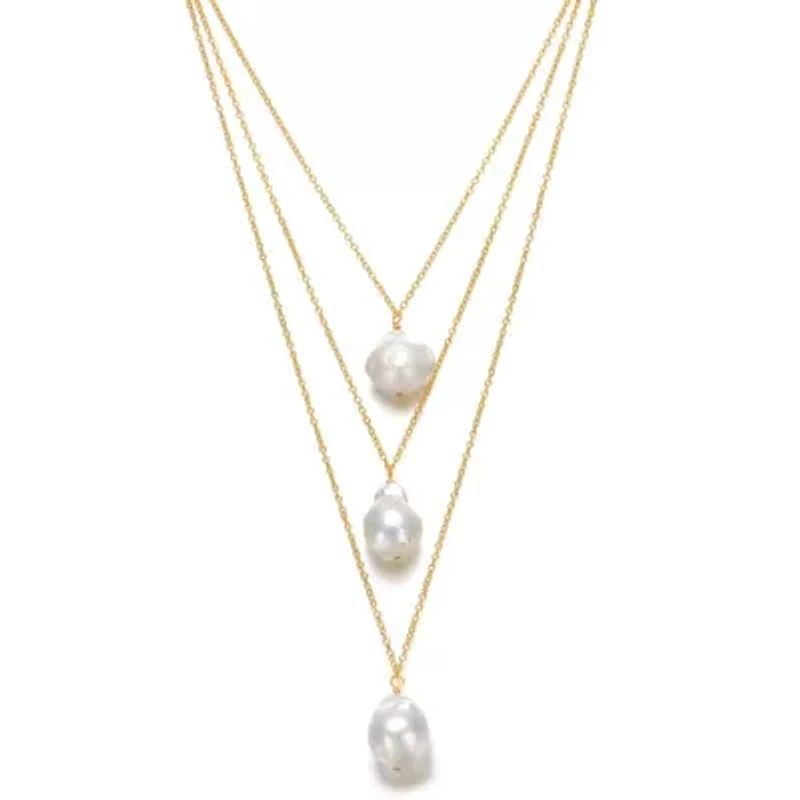 Lab Created Sterling Silver 14K Gold Plated with White Freshwater Pearl Layered Necklace