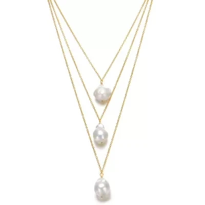 Lab Created Sterling Silver 14K Gold Plated with White Freshwater Pearl Layered Necklace