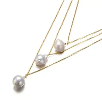 Lab Created Sterling Silver 14K Gold Plated with White Freshwater Pearl Layered Necklace