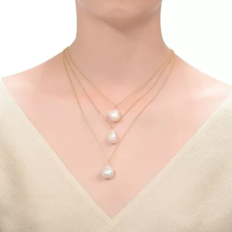 Lab Created Sterling Silver 14K Gold Plated with White Freshwater Pearl Layered Necklace