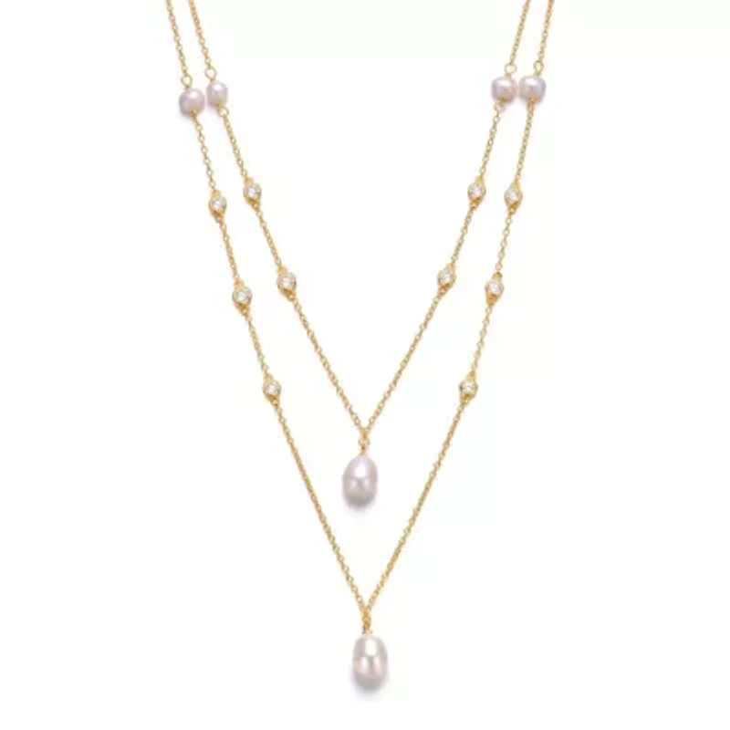 Lab Created Sterling Silver 14K Gold Plated with Freshwater Pearl Layered Necklace