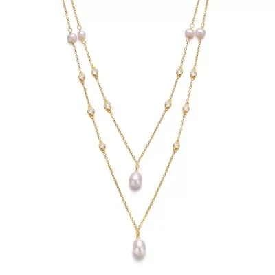 Lab Created Sterling Silver 14K Gold Plated with Freshwater Pearl Layered Necklace