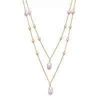 Lab Created Sterling Silver 14K Gold Plated with Freshwater Pearl Layered Necklace
